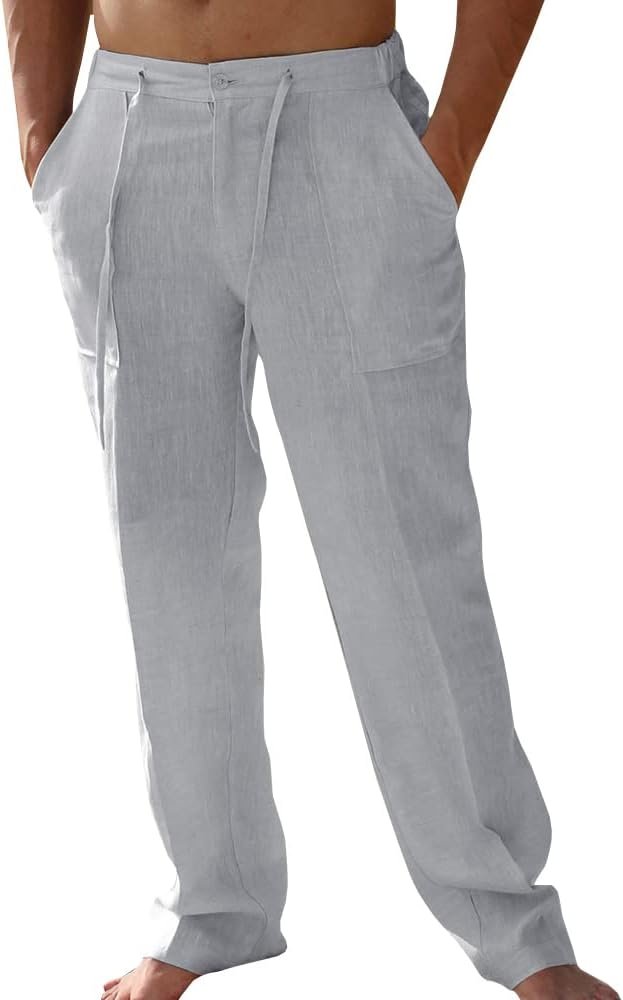 Mens Casual Linen Pants Loose Fit Elastic Drawstring Waist Straight-Legs Summer Yoga Beach Long Pants