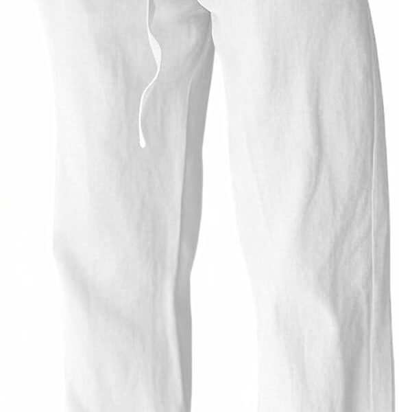 Mens Cotton Linen Pants, Summer Beach Pants Casual Loose Fit with Elastic Waist Drawstring