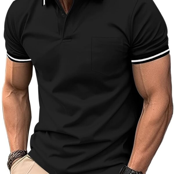 Mens Polo Shirts Casual Short Sleeve Athletic T-Shirts Classic Contrast Collar Shirt with Pocket