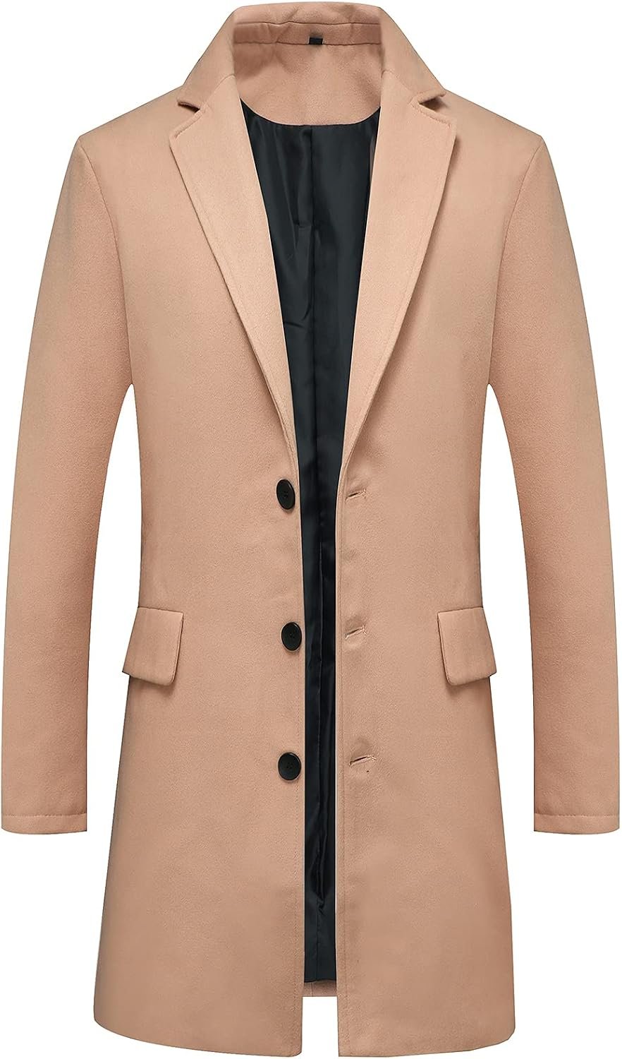 Men's Classic Wool Trench Overcoat Single Breasted Mid Long Wool Blend Top Pea Coats Jackets