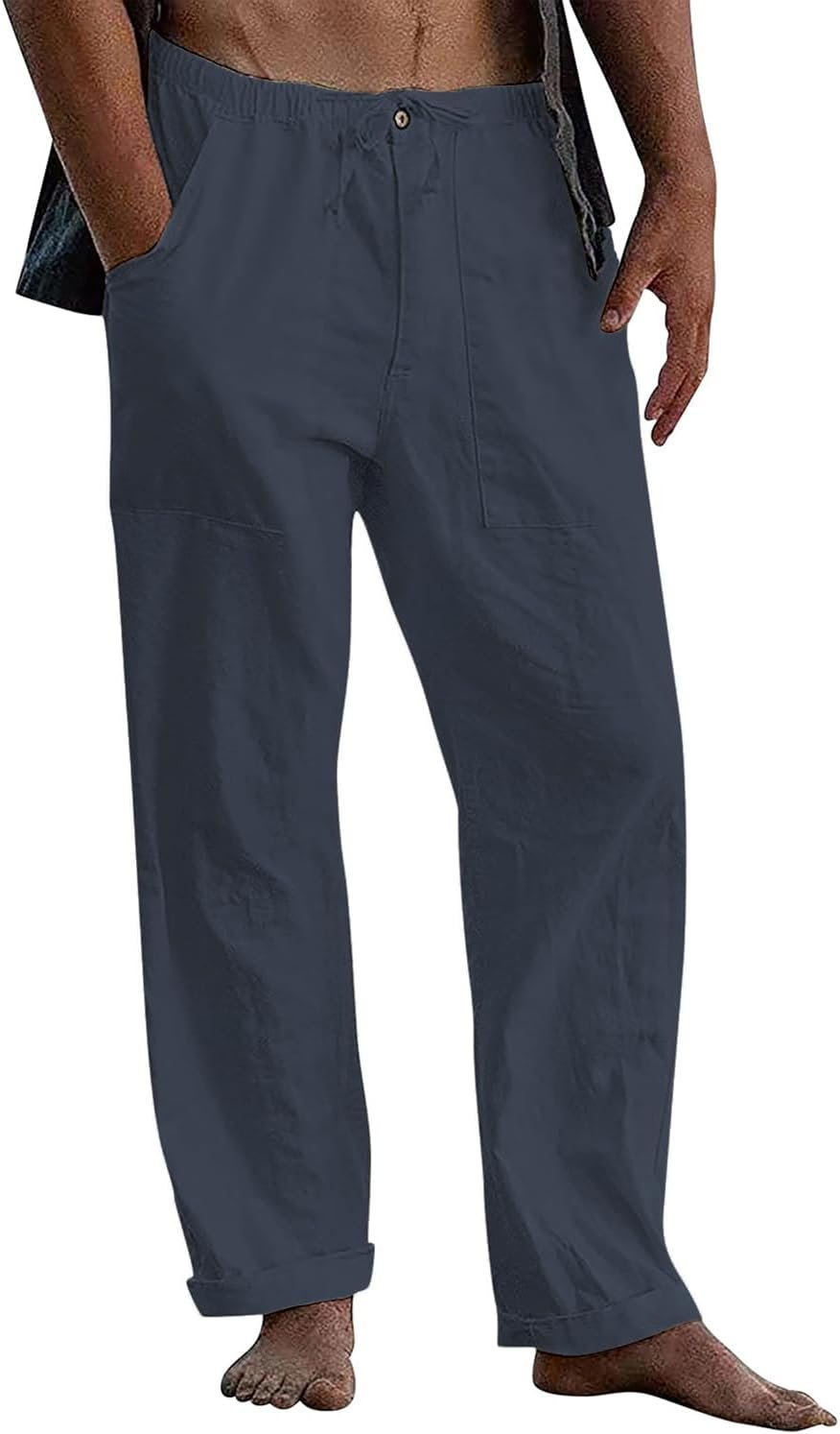 Men’s Cotton Linen Pants Drawstring Loose Beach Pants with Pockets