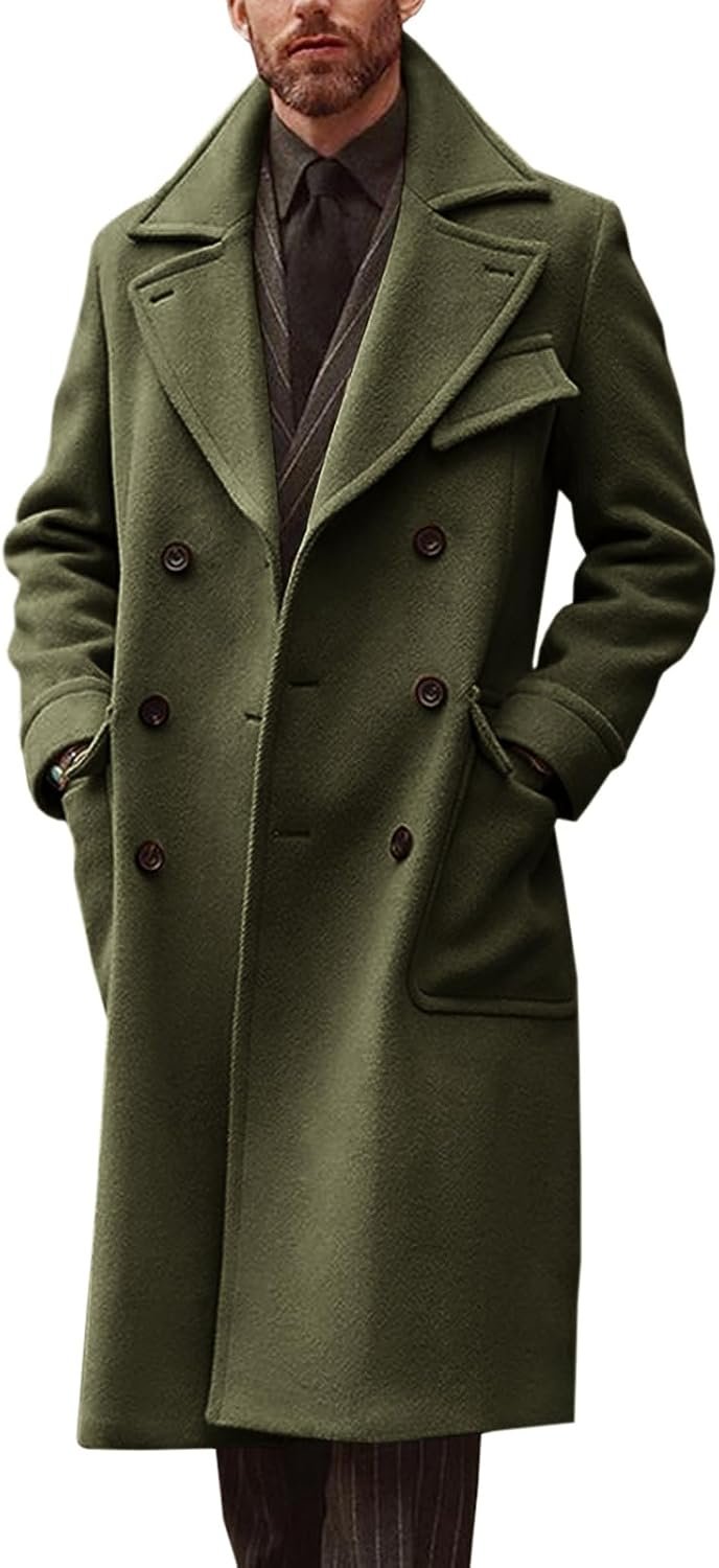 Mens Trench Coat Notch Lapel Double Breasted Peacoat Wool Blend Casual Long Overcoat