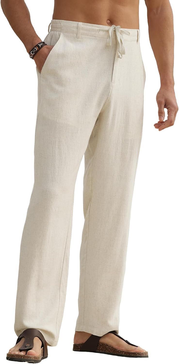 Men's Linen Pants Casual Beach Summer Vacation Linen Dress Pants Loose Fit - Image 2