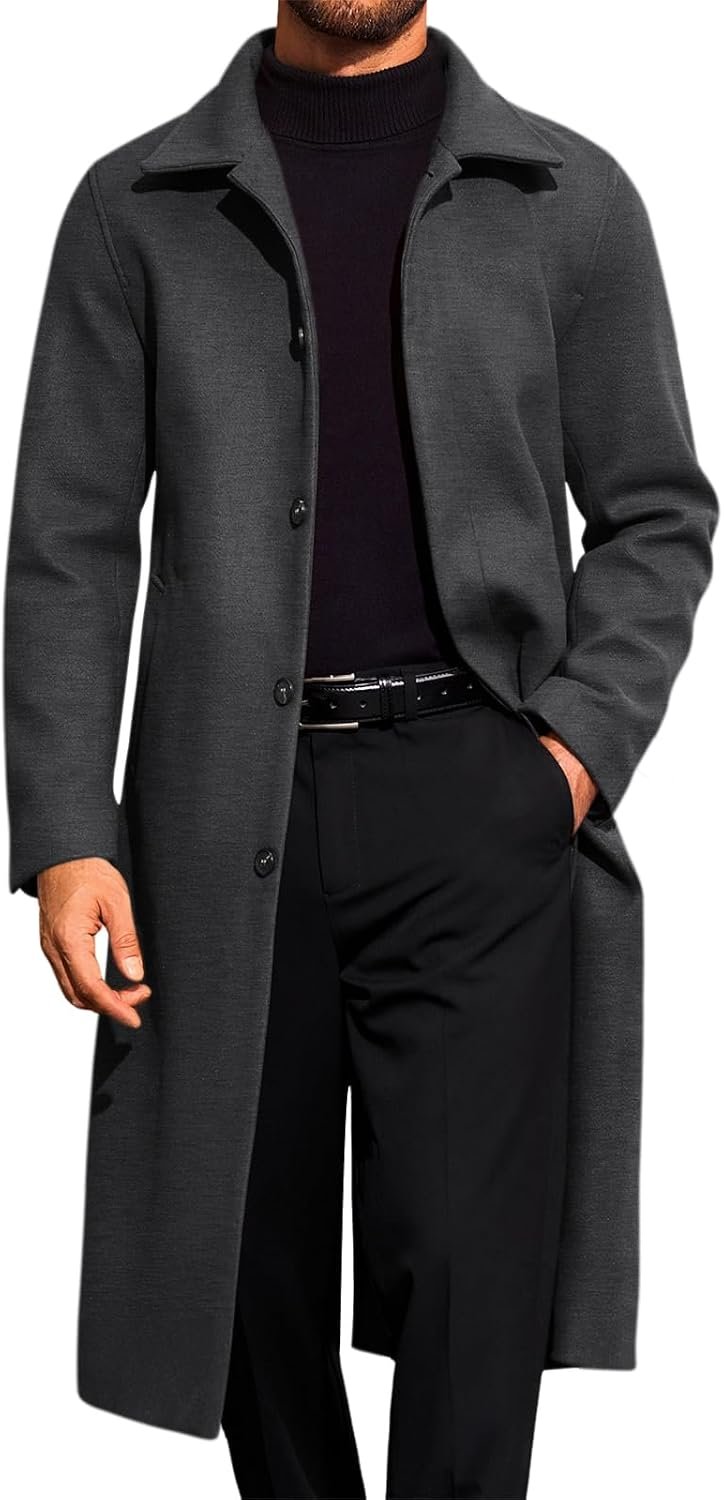 Mens Long Trench Coat Single Breasted Lapel Overcoat Casual Fall Winter Warm Peacoat