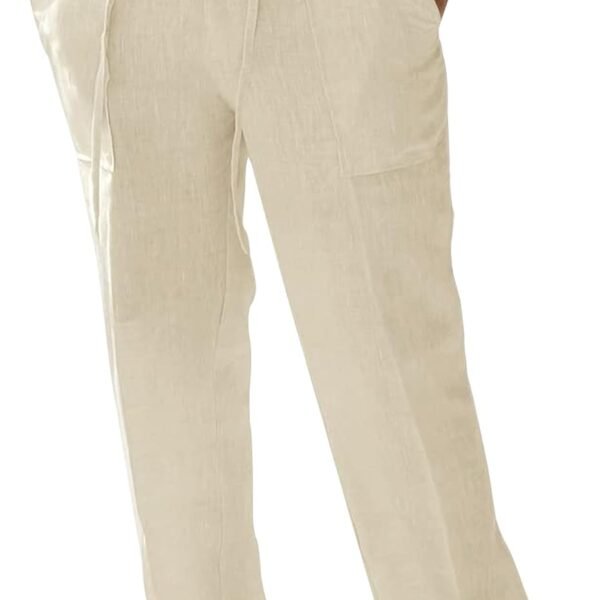 Mens Linen Pants Elastic Waist Summer Pants Relaxed Fit Lightweight Yoga Beach Casual Pants with Pockets