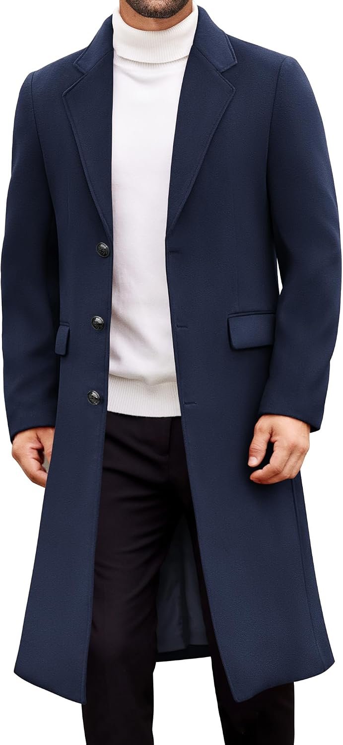 Mens Trench Coat Long Casual Single Brested Overcoat Winter Notched Collar Wool Blend Pea coat With Pockets