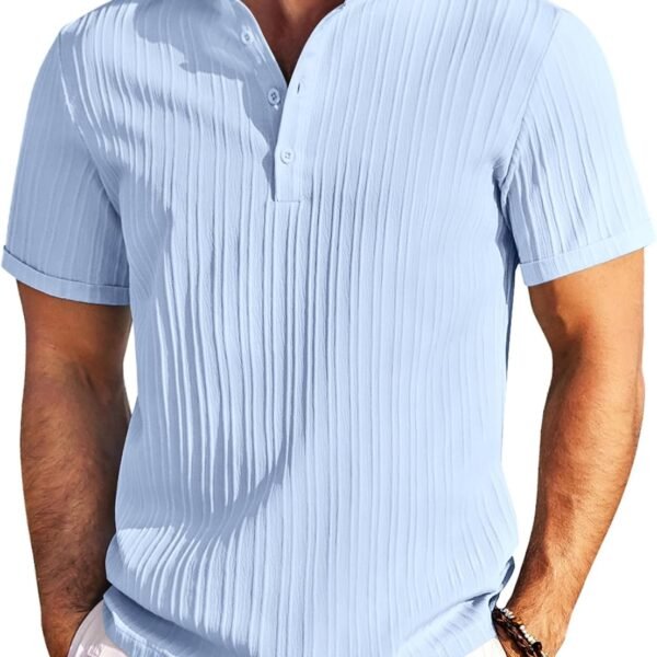 Men's Summer Casual Textured Short-Sleeve T-Shirt (Henley/Collarless/Mandarin Collar)
