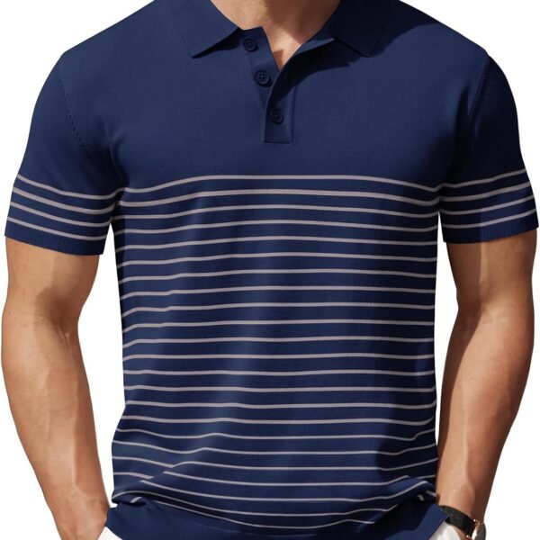 Men's Knit Polo Shirts Short Sleeve Striped Golf Polo Shirts Lightweight Casual Collared T Shirt