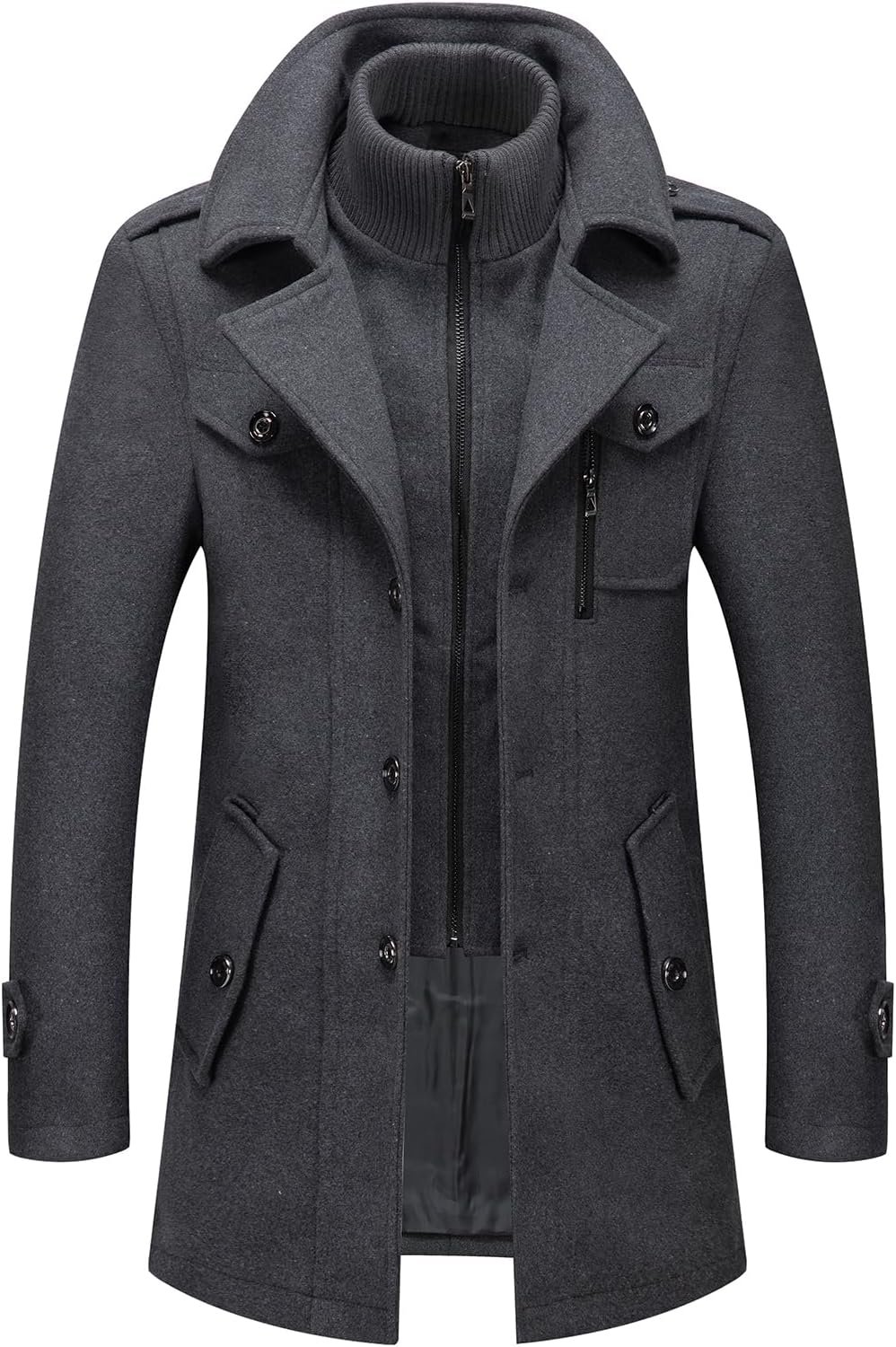 Men's Wool Blend Coat Warm Winter Trench Coat with Detachable Soft Scarf Single Breasted Pea Coat