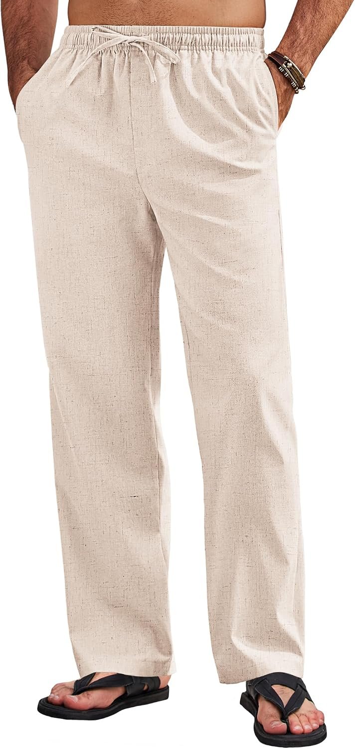 Men's Linen Pants Drawstring Casual Loose Fit Beach Summer Pants Lightweight Linen Trousers Yoga Pants