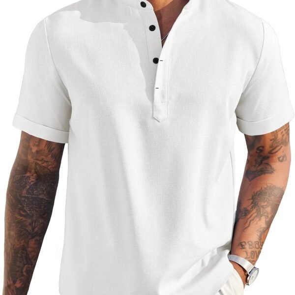 Men's Linen Henley Shirt – Short-Sleeve Casual Summer Beach/Hippie Style Tee