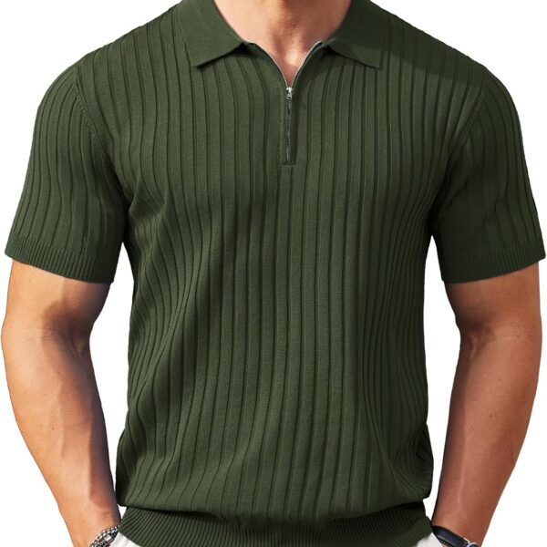 Men's Zipper Polo Shirts Short Sleeve Ribbed Knit Polo T Shirts Fashion Casual Golf Shirts
