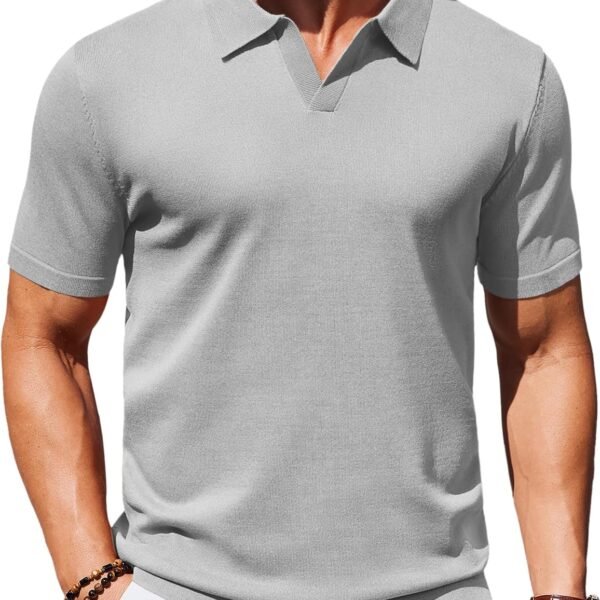 Mens Knit Polo Shirts V Neck Short Sleeve Stretch Polo T Shirt Casual Golf Shirts