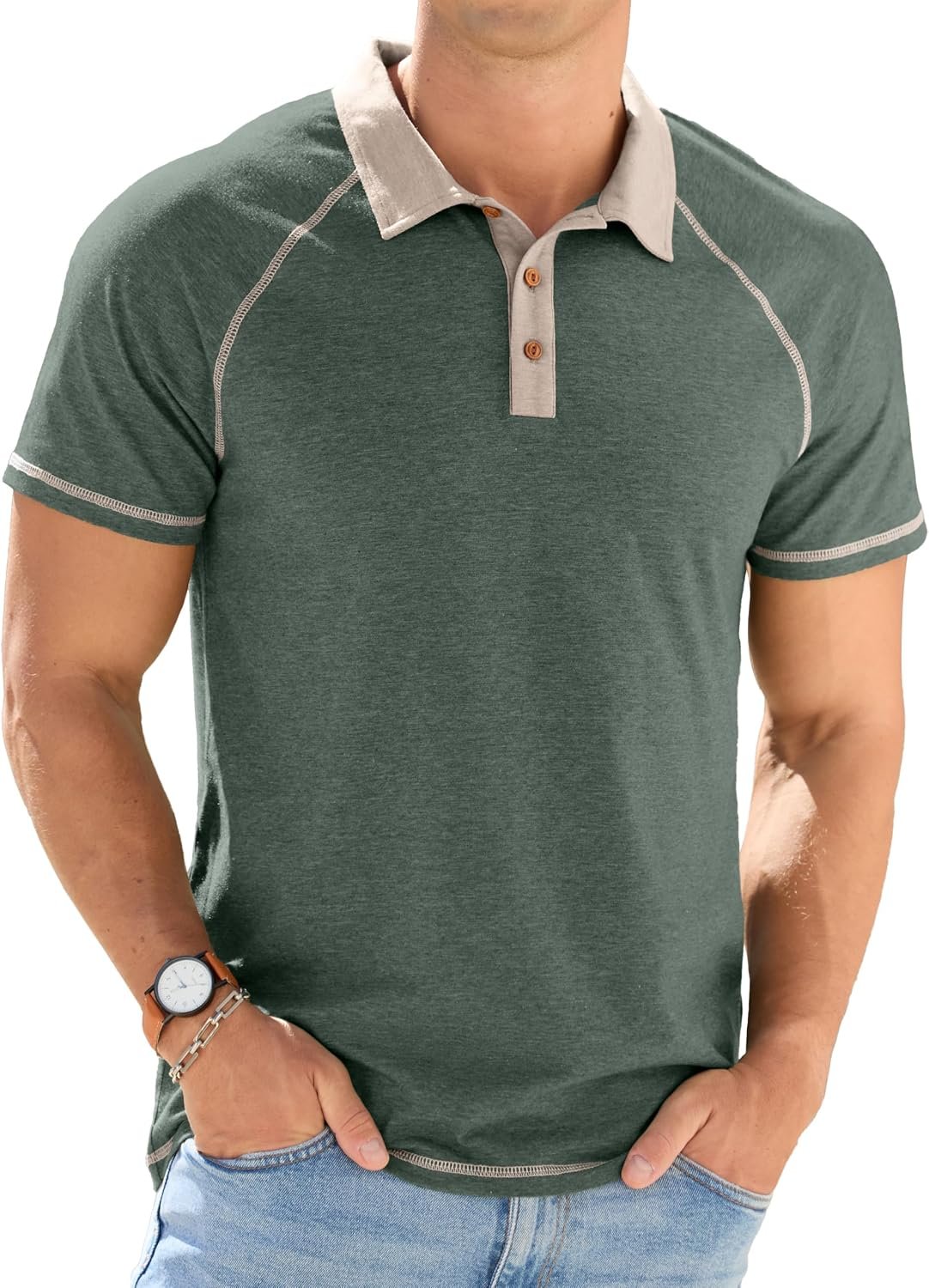 Mens Short Sleeve Polo Shirts Cotton Golf Shirts Fashion Casual Raglan